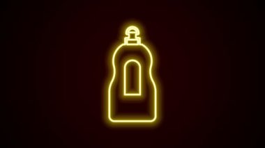Parlayan neon hattı siyah arkaplanda izole edilmiş sıvı şişe ikonu. Bulaşık yıkamak için sıvı deterjan. 4K Video hareketli grafik canlandırması