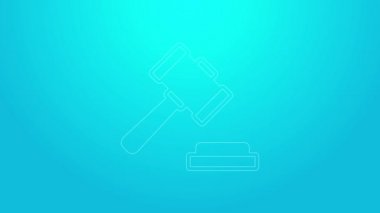 Pembe çizgi Yargıç Tokmak ikonu mavi arka planda izole edildi. Gavel cezaların, faturaların, mahkemenin, adaletin hükmünü verecek. Açık arttırma çekici. 4K Video hareketli grafik canlandırması