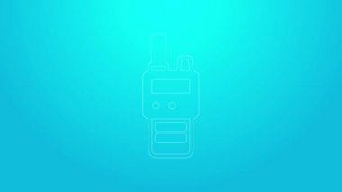 Pembe çizgi telsiz ikonu mavi arkaplanda izole edildi. Taşınabilir radyo vericisi simgesi. Radyo alıcı-vericisi işareti. 4K Video hareketli grafik canlandırması