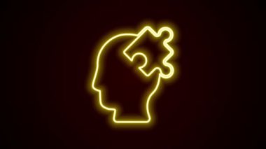 Siyah zemin üzerinde izole edilmiş psikoloji ikonundaki soruna parlayan neon hattı çözümü. Bulmaca. Akıl sağlığı terapisi. 4K Video hareketli grafik canlandırması