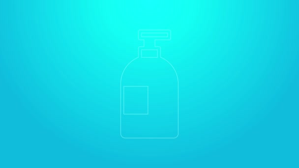 Linha rosa Ícone de garrafa líquido de lavagem de louça isolado no fundo azul. Detergente líquido para lavar pratos. Animação gráfica em movimento de vídeo 4K — Vídeo de Stock