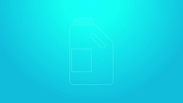 Línea rosa Botella de plástico para detergente de lavandería, lejía, líquido lavavajillas u otro icono de agente de limpieza aislado sobre fondo azul. Animación gráfica de vídeo 4K — Vídeo de stock