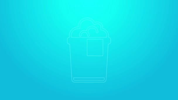 Cubo de línea rosa con espuma y burbujas icono aislado sobre fondo azul. Servicio de limpieza concepto. Animación gráfica de vídeo 4K — Vídeos de Stock