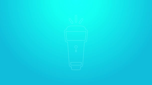 Ligne rose icône lampe de poche isolé sur fond bleu. Animation graphique de mouvement vidéo 4K — Video
