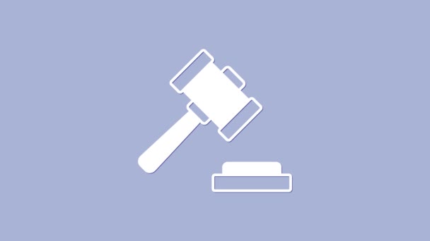 White Judge gavel icon isolated on purple background. Gavel for adjudication of sentences and bills, court, justice. Auction hammer. 4K Video motion graphic animation — Stock Video