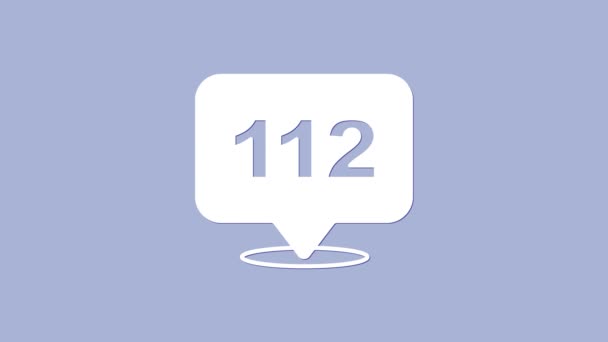 Téléphone blanc avec appel d'urgence 112 icône isolée sur fond violet. Police, ambulance, pompiers, appel, téléphone. Animation graphique de mouvement vidéo 4K — Video