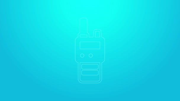 Línea rosa Walkie talkie icono aislado sobre fondo azul. Icono del transmisor de radio portátil. Señal del transceptor de radio. Animación gráfica de vídeo 4K — Vídeos de Stock