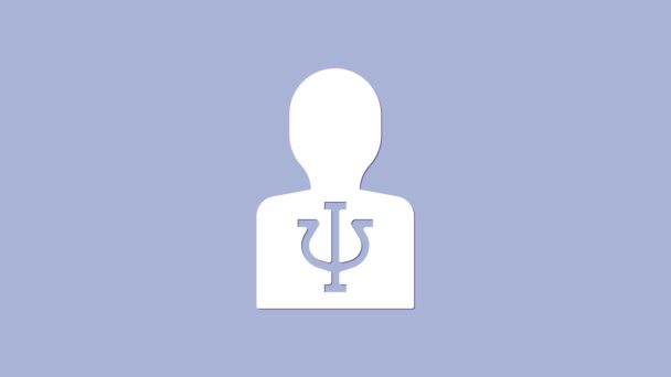 Икона белой психологии выделена на фиолетовом фоне. Символ Пси. Концепция психического здоровья, психоанализ и психотерапия. Видеографическая анимация 4K — стоковое видео