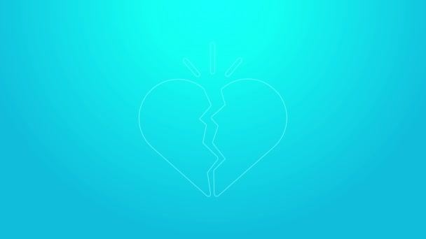 Línea rosa Corazón roto o icono de divorcio aislado sobre fondo azul. Símbolo de amor. Día de San Valentín. Animación gráfica de vídeo 4K — Vídeo de stock