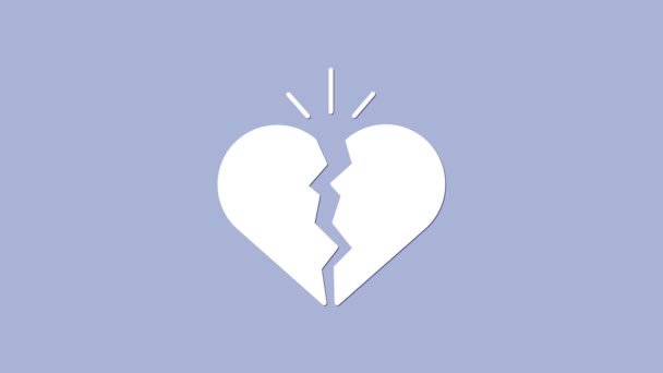 Белое разбитое сердце или икона развода изолированы на фиолетовом фоне. Символ любви. День Святого Валентина. Видеографическая анимация 4K — стоковое видео