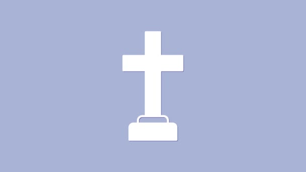 Белый человек могилы похорон икона скорби изолированы на фиолетовом фоне. Эмоции горя, печали, печали, смерти. Видеографическая анимация 4K — стоковое видео