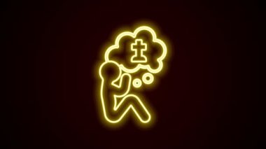 Parlayan neon hattı Man, siyah arka planda izole edilmiş cenaze kederi simgesini mezarına gömdü. Üzüntü, üzüntü, keder, ölüm duygusu. 4K Video hareketli grafik canlandırması