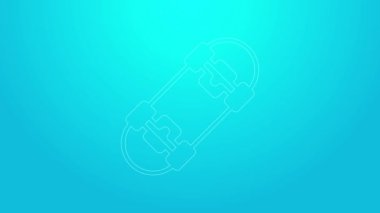 Pembe çizgi kaykay simgesi mavi arkaplanda izole edildi. Olağanüstü bir spor. Spor malzemeleri. 4K Video hareketli grafik canlandırması