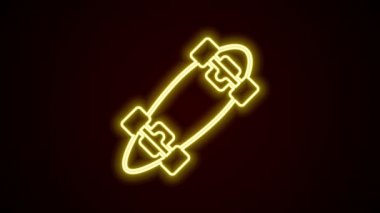 Parlayan neon hattı Longboard veya kaykay kruvazörü simgesi siyah arkaplanda izole edildi. Olağanüstü bir spor. Spor malzemeleri. 4K Video hareketli grafik canlandırması