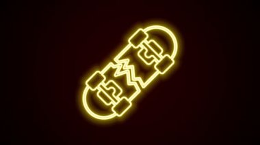 Parlayan neon çizgisi. Kırık kaykay simgesi siyah arkaplanda izole edilmiş. Olağanüstü bir spor. Spor malzemeleri. 4K Video hareketli grafik canlandırması