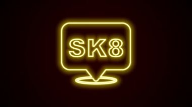 Parlayan neon çizgisi kaykay simgesi siyah arkaplanda izole edildi. Olağanüstü bir spor. Spor malzemeleri. 4K Video hareketli grafik canlandırması