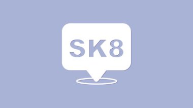 Beyaz kaykay simgesi mor arkaplanda izole edildi. Olağanüstü bir spor. Spor malzemeleri. 4K Video hareketli grafik canlandırması