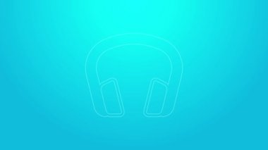 Mavi arkaplanda pembe çizgi kulaklık simgesi var. Kulaklıklar. Müzik, hizmet, iletişim ve operatör konsepti. 4K Video hareketli grafik canlandırması