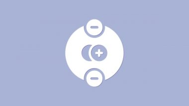 Beyaz Atom simgesi mor arkaplanda izole edildi. Bilimin, eğitimin, nükleer fiziğin, bilimsel araştırmaların sembolü. 4K Video hareketli grafik canlandırması