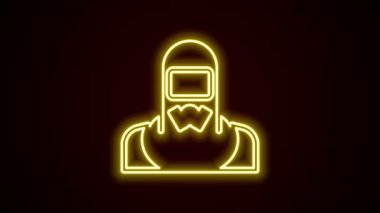 Siyah arka planda izole edilmiş koruyucu giysi ikonu giyen parlak neon hattı Nükleer Santral işçisi. Nükleer reaktör işçisi. 4K Video hareketli grafik canlandırması