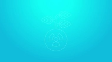 Mavi arkaplanda izole edilmiş pembe çizgi radyoaktif simge. Radyoaktif zehirli sembol. Radyasyon tehlikesi işareti. 4K Video hareketli grafik canlandırması