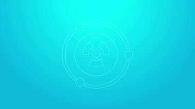 Mavi arkaplanda izole edilmiş pembe çizgi radyoaktif simge. Radyoaktif zehirli sembol. Radyasyon tehlikesi işareti. 4K Video hareketli grafik canlandırması