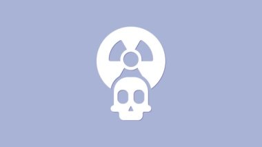 Mor arkaplanda izole edilmiş beyaz radyoaktif simge. Radyoaktif zehirli sembol. Radyasyon tehlikesi işareti. 4K Video hareketli grafik canlandırması