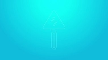 Pembe çizgi yüksek gerilim işareti simgesi mavi arkaplanda izole edildi. Tehlike sembolü. Üçgendeki ok. Uyarı simgesi. 4K Video hareketli grafik canlandırması