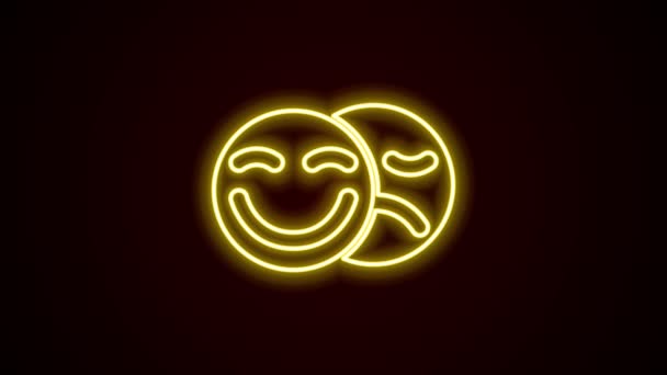 Glowing neon line Comedy and tragedy theatrical masks icon isolated on black background. 4K Video motion graphic animation — Stock Video