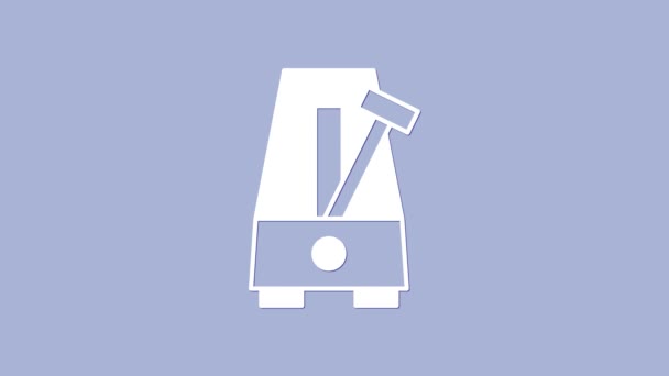 Bílý klasický metronom s kyvadlem v pohybu ikona izolované na fialovém pozadí. Vybavení hudby a tlumič mechanizmus. Grafická animace pohybu videa 4K