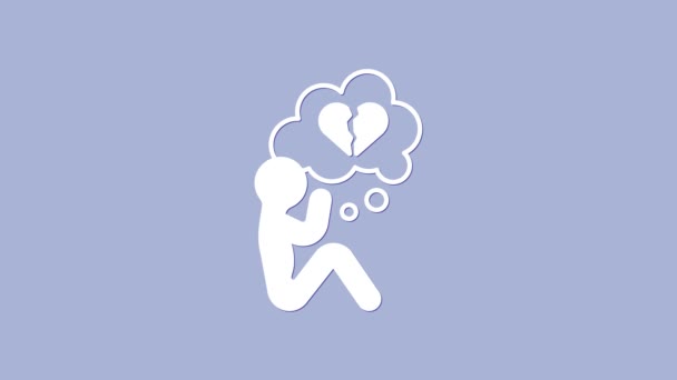 Corazón roto blanco o icono de divorcio aislado sobre fondo púrpura. Símbolo de amor. Día de San Valentín. Animación gráfica de vídeo 4K — Vídeo de stock