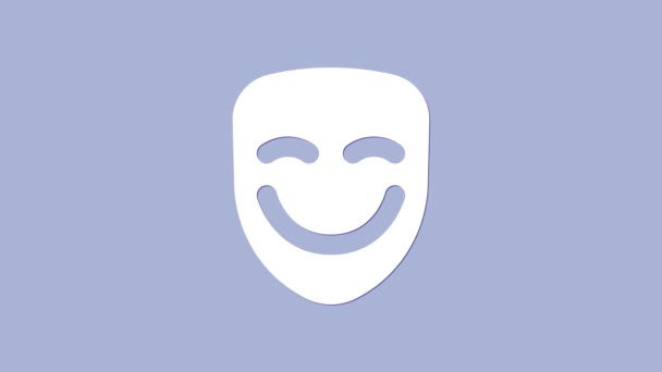 Fehér komédia színházi maszk ikon elszigetelt lila háttér. 4K Videó mozgás grafikus animáció — Stock videók