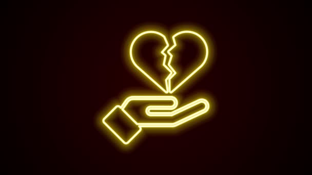 Λαμπερή γραμμή νέον Ραγισμένη καρδιά ή εικόνα διαζυγίου απομονωμένη σε μαύρο φόντο. Σύμβολο αγάπης. Ημέρα του Αγίου Βαλεντίνου. 4K Γραφική κίνηση κίνησης βίντεο — Αρχείο Βίντεο