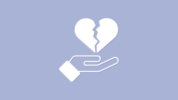 Άσπρη ραγισμένη καρδιά ή εικόνα διαζυγίου που απομονώνεται σε μωβ φόντο. Σύμβολο αγάπης. Ημέρα του Αγίου Βαλεντίνου. 4K Γραφική κίνηση κίνησης βίντεο — Αρχείο Βίντεο