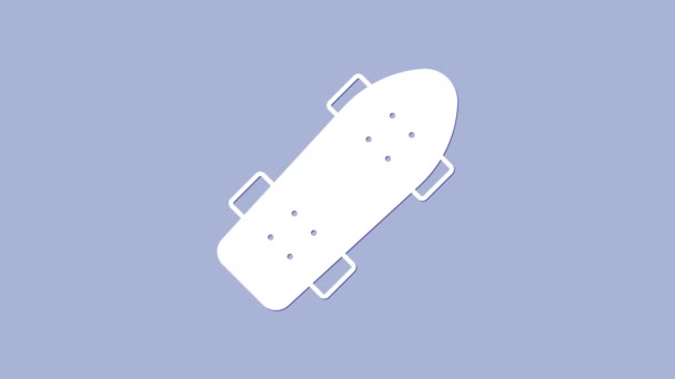 Icono de monopatín blanco aislado sobre fondo púrpura. Deporte extremo. Equipamiento deportivo. Animación gráfica de vídeo 4K — Vídeos de Stock