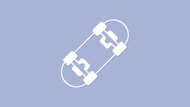 Ícone de skate branco isolado no fundo roxo. Desporto extremo. Equipamento desportivo. Animação gráfica em movimento de vídeo 4K — Vídeo de Stock