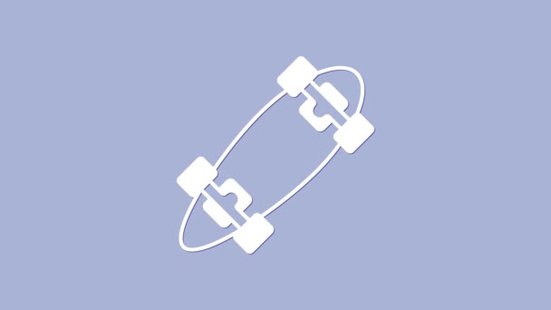 Blanco Longboard o skateboard cruiser icono aislado sobre fondo púrpura. Deporte extremo. Equipamiento deportivo. Animación gráfica de vídeo 4K — Vídeos de Stock