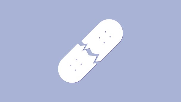 Icono de cubierta de skate roto blanco aislado sobre fondo púrpura. Deporte extremo. Equipamiento deportivo. Animación gráfica de vídeo 4K — Vídeos de Stock