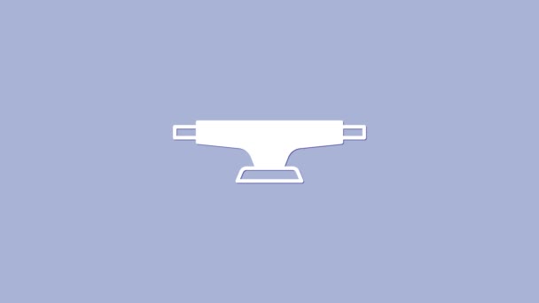 Icono de rueda de monopatín blanco aislado sobre fondo púrpura. Suspensión de monopatín. Rueda de patinaje. Animación gráfica de vídeo 4K — Vídeo de stock