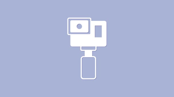 White Action экстремальная камера значок изолирован на фиолетовом фоне. Видеокамеры для съёмок экстремальных видов спорта. Видеографическая анимация 4K — стоковое видео