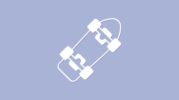 Icono de monopatín blanco aislado sobre fondo púrpura. Deporte extremo. Equipamiento deportivo. Animación gráfica de vídeo 4K — Vídeo de stock