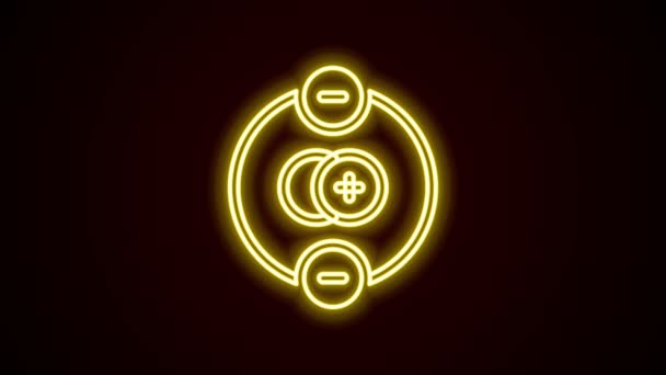 Ligne lumineuse au néon Icône atome isolée sur fond noir. Symbole de la science, de l'éducation, de la physique nucléaire, de la recherche scientifique. Animation graphique de mouvement vidéo 4K — Video