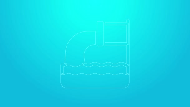 Pinkfarbenes Abwassersymbol auf blauem Hintergrund. Kanalisationsrohr. Aus dem Rohr fließt Flüssigkeit in den Fluss. 4K Video Motion Grafik Animation — Stockvideo
