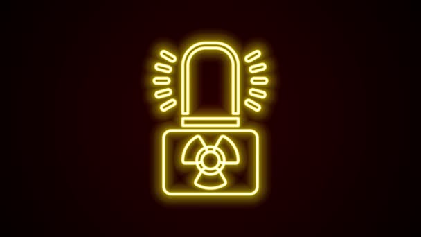 Línea de neón brillante Icono de lámpara de advertencia radiactiva aislado sobre fondo negro. Animación gráfica de vídeo 4K — Vídeo de stock