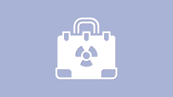 Icono de maleta nuclear de radiación blanca aislado sobre fondo púrpura. Animación gráfica de vídeo 4K — Vídeos de Stock