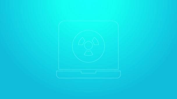 Pink line Nuclear laptop icon isolated on blue background. 4K Video motion graphic animation — Stock Video