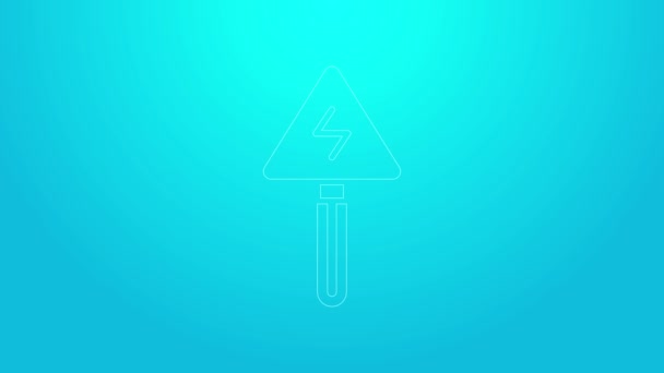Pink line High voltage sign icon isolated on blue background. Danger symbol. Arrow in triangle. Warning icon. 4K Video motion graphic animation — Stock Video