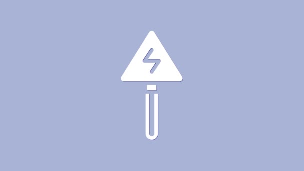 White High voltage sign icon isolated on purple background. Danger symbol. Arrow in triangle. Warning icon. 4K Video motion graphic animation — 图库视频影像