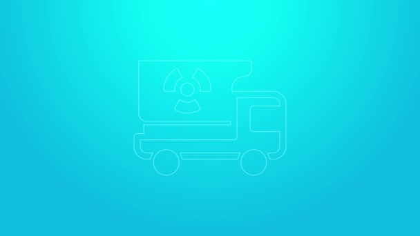 Pink line Truck with radiation materials icon isolated on blue background. 4K Video motion graphic animation — 비디오