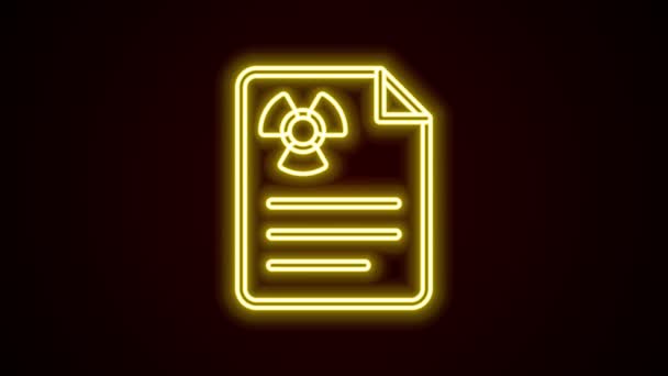 Glowing neon line Radiation warning document icon isolated on black background. Text file. 4K Video motion graphic animation — Stock Video